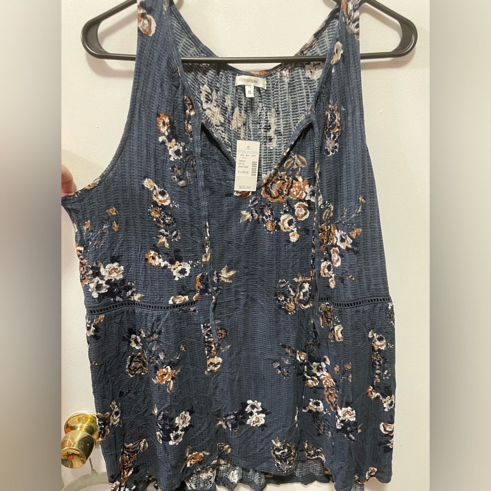 Maurice’s XL blue tank top with multi colored flowers